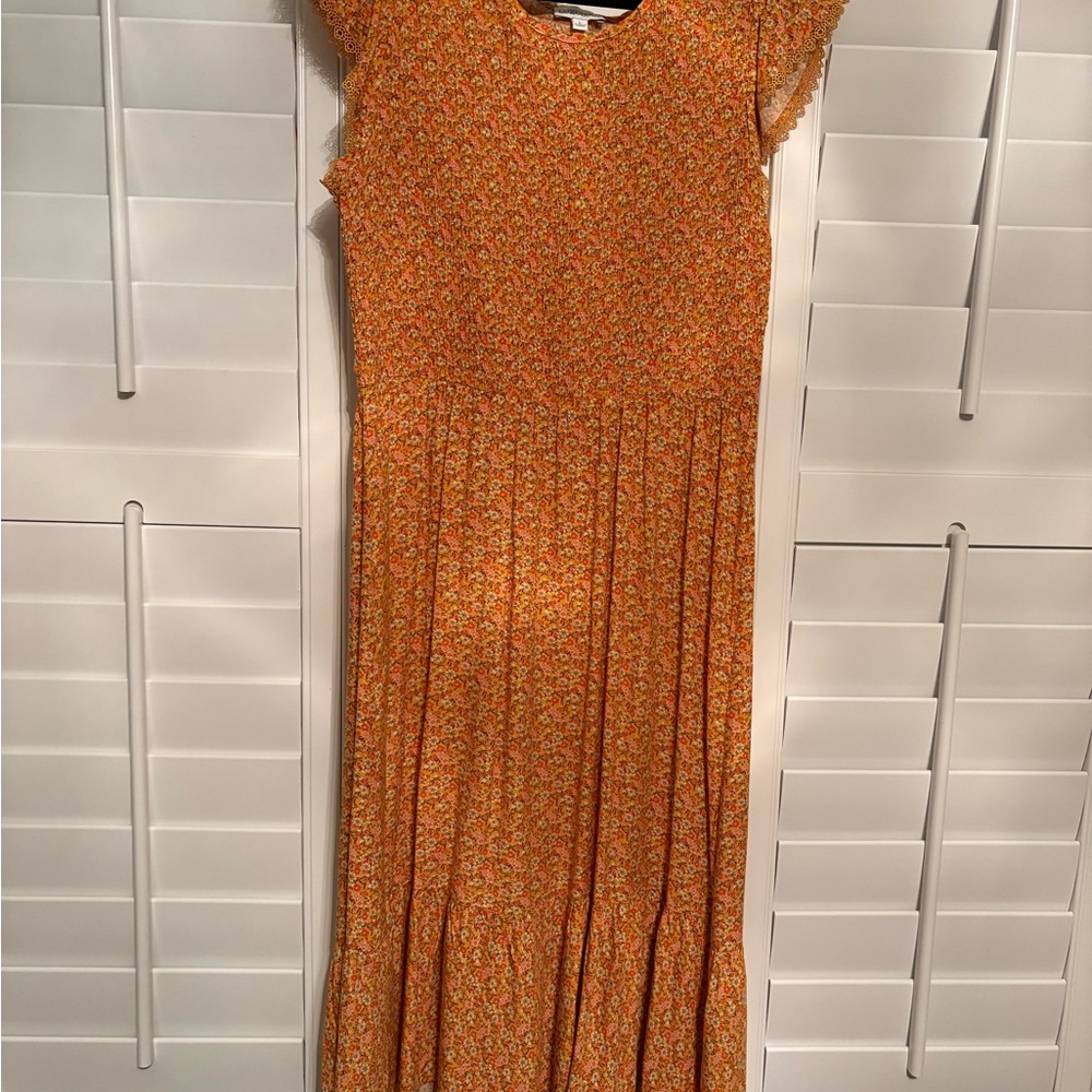 Luxology Orange Ditsy Floral Midi Dress with Smocked Top size Large